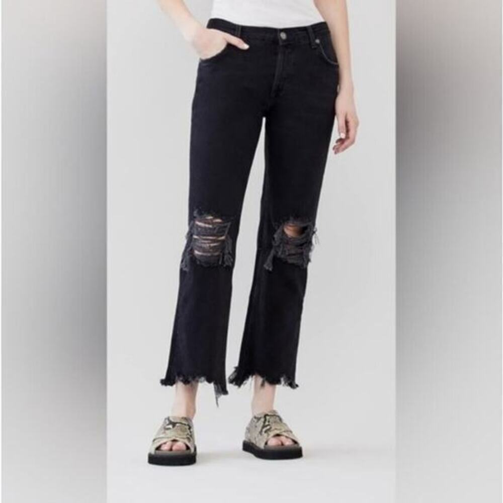 We The Free Women’s Size 25 Black Denim Crop Distressed Jeans Raw Hem Hi-Rise